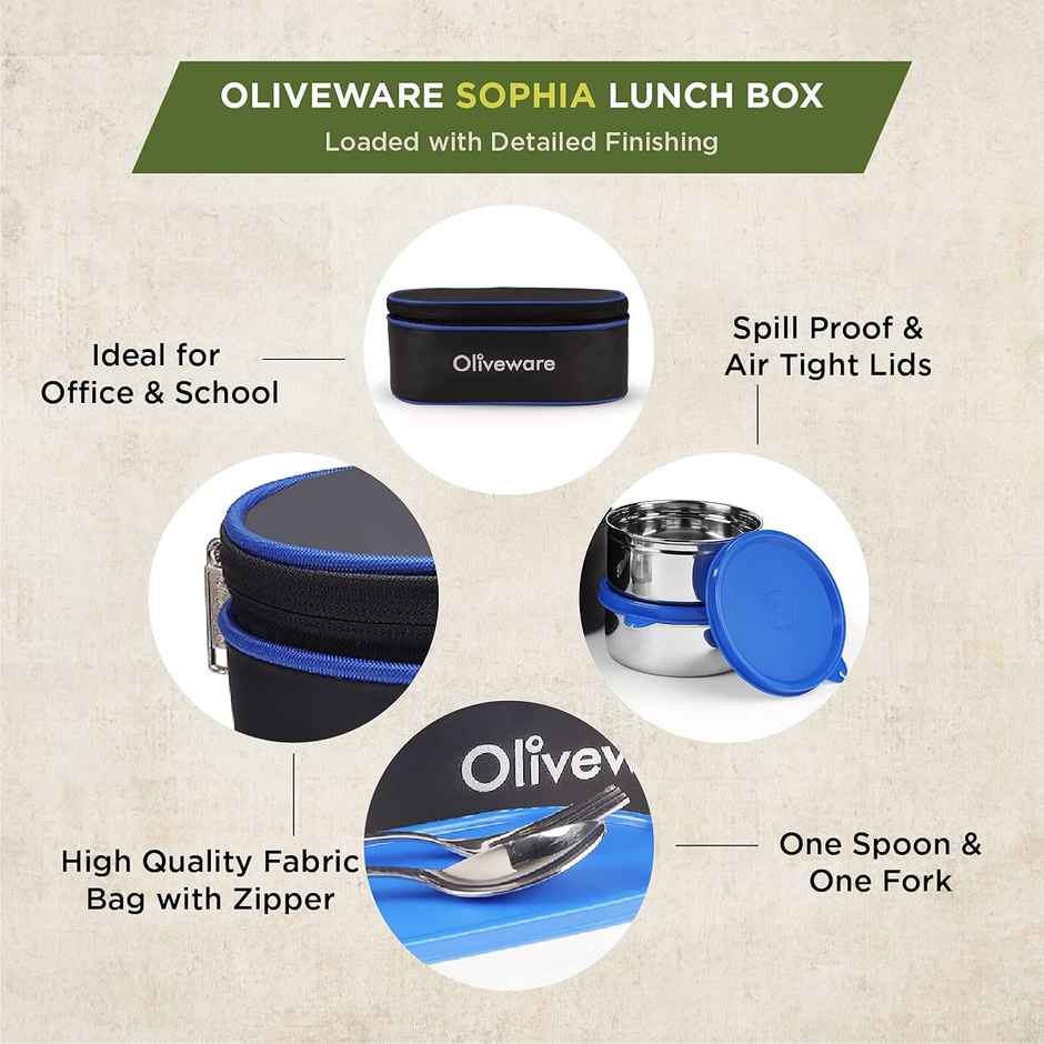 Oliveware Sophia Lunch Box, 3 Stainless Steel Container with BPA Free Lids and Steel Cutlery- Blue