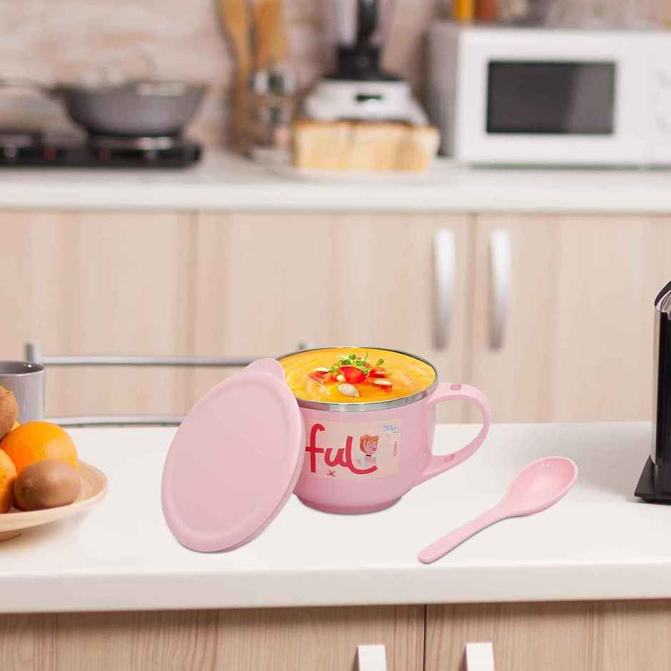 Jaypee Plus Stainless Steel Disney Princess Souptok Prime Soup & Noodles Bowl With Lid Spoon, Pink