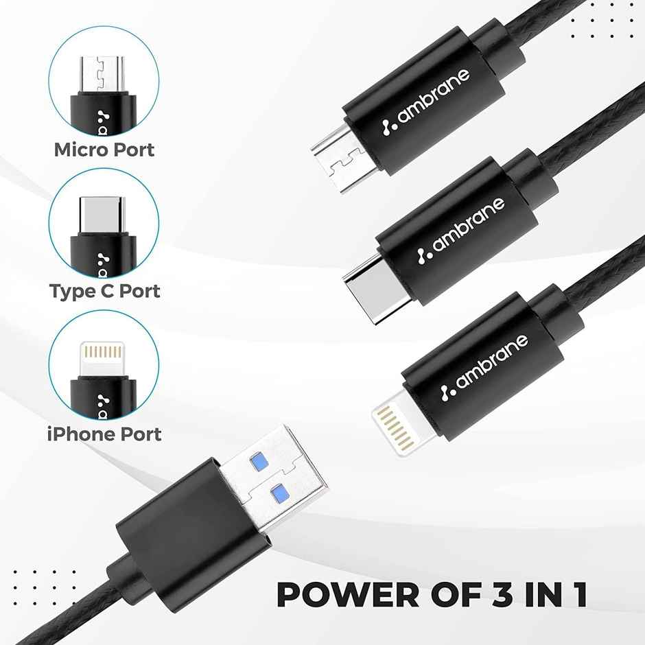 Ambrane Trio-11 Unbreakable 3 in 1 USB Fast Charging USB Cable with Type C, Lightning, Micro USB Port with 2.1 A, Compatible with iPhone, iPad, Samsung, OnePlus, Mi, Oppo, Vivo, Xiaomi, 1.25M - Black