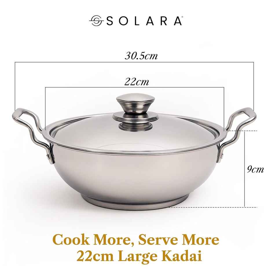 Solara Sterra Stainless Steel Kadhai with Lid | 22 cm | 2.3 L