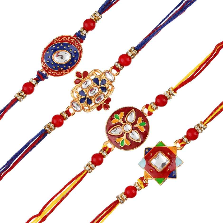 Meenakari Multicolor Designer Rakhis & Roli Chawal Pack (eCraftIndia) Set of 4