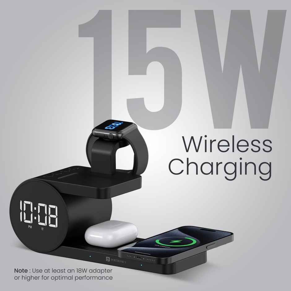 Portronics Freedom 6 15W Wireless Charger with 6-in-1 Function, Earbuds & Watch Wireless Charging, Digital Clock with Alarm, Compatible with iPhones/Samsung Smartphone Series