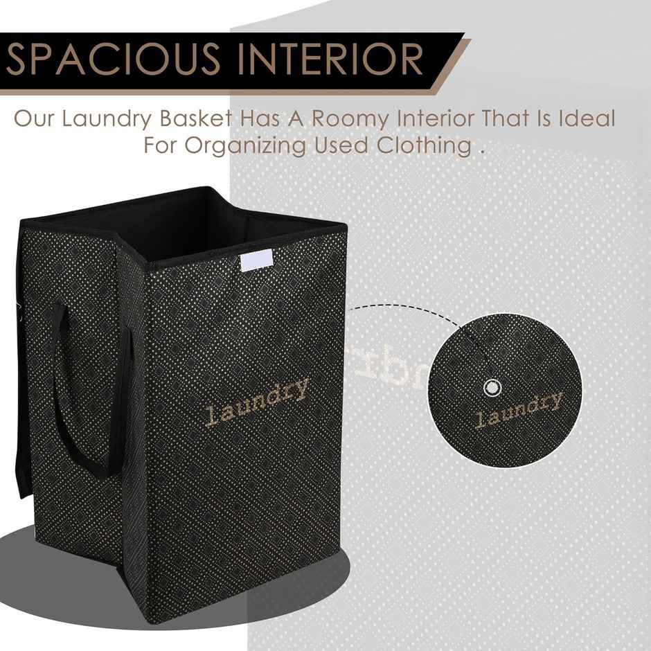 Kuber Industries | 75 L | Golden Dot Foldable Laundry Basket | Lid & Handles | Black