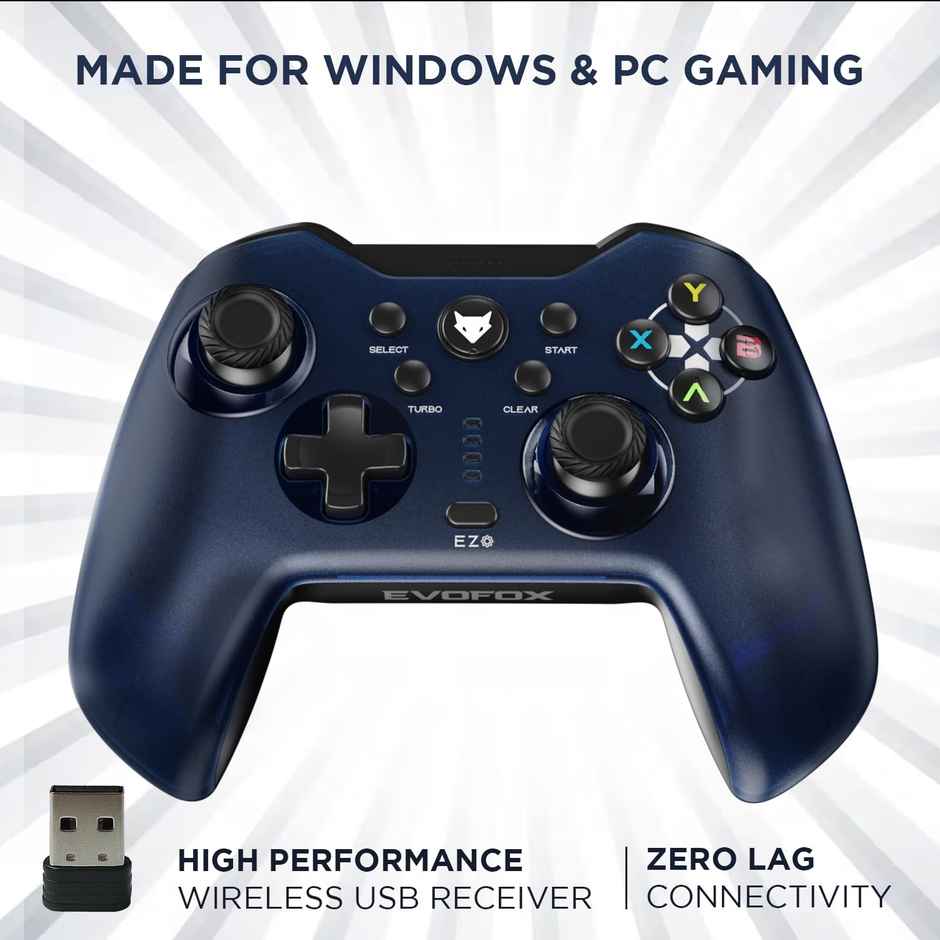 EvoFox Elite X Wireless Gaming Controller for PC with 2 Programmable Macro Back Buttons, Adjustable Dual Vibration Motors,Turbo Mode,Analog Triggers, High Precision joysticks,Low Latency Plug and Play,Free USB Extender,Translucent Shell Gamepad for pc - Blue