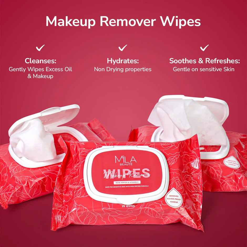 Mila Beaute Makeup Remover Wipes | Removes Waterproof Makeup | 25 Wipes | With Rosewater Vitamin E