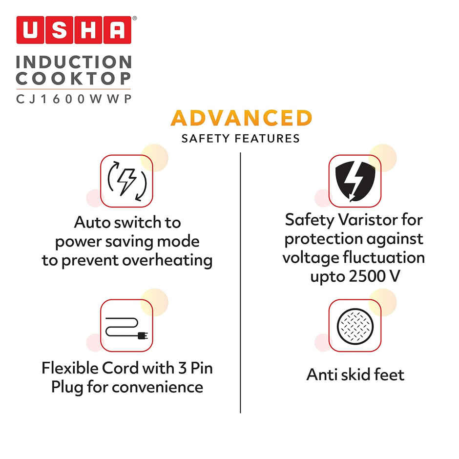 USHA Induction Cooktop|1600 W Push Button| Pan Sensor| 6 Pre-Set Menu| 8-Stage Power Setting|Black