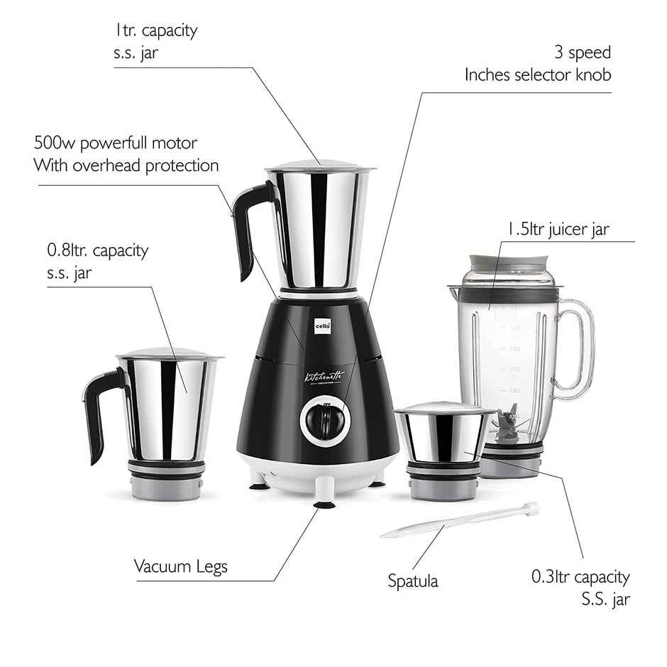 Cello Grind Master Juicer Mixer Grinder With 4 Leak Proof Jars & 1 Spatulla, 500 W, Black & Silver