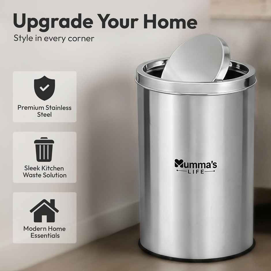 Mumma's Life Stainless Steel Swing Dustbin with Lid | 18 L | For Home, Kitchen, Washroom, Bathroom & Office | 10 x 14 Inch