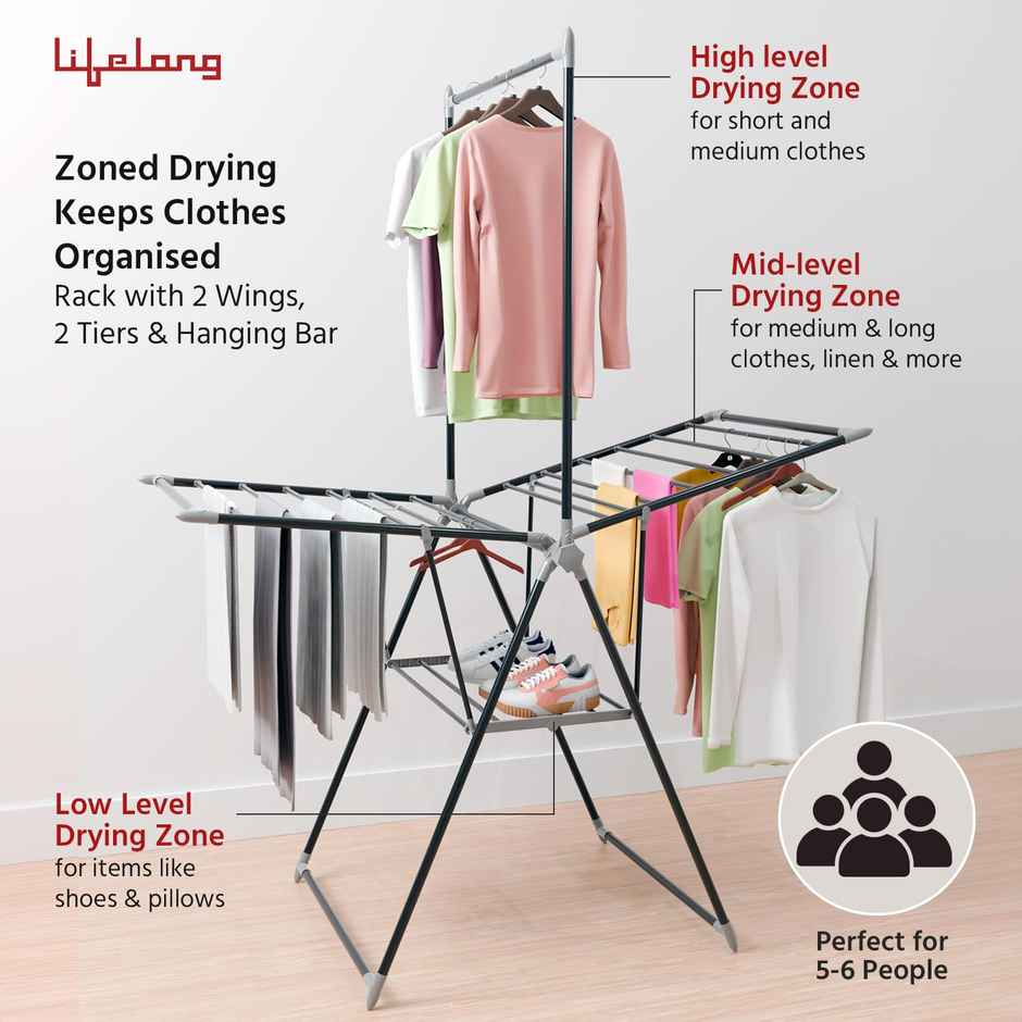 Lifelong Clothes Stand for Drying | Height Adjustable | 55 ft Drying Length | Easy to Store | Black