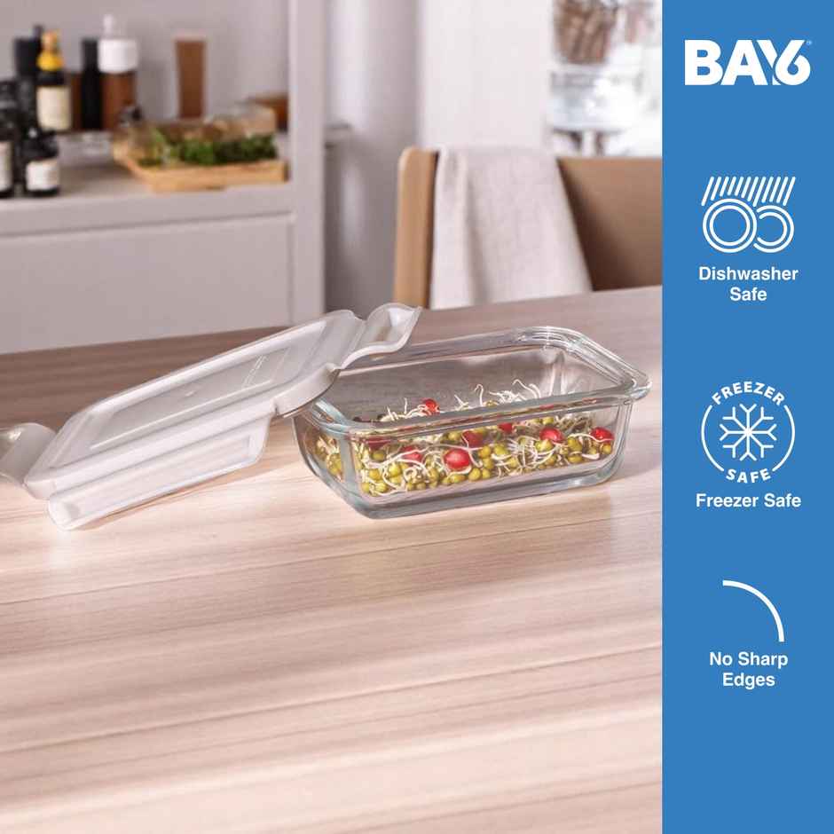 BAY6 Premium Imported Borosilicate Glass Container with Lid 180 ml - Rectangle - Beige