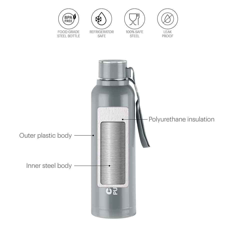Cello Stainless Steel Puro Steel X Benz 900 Bottle | Grey | 650 ml