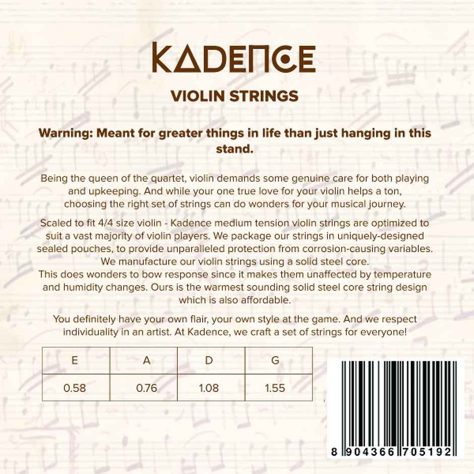 Kadence Violin String Set STR-V01 - Solid Steel Core for 1/4-4/4 Violins | Warm Tone
