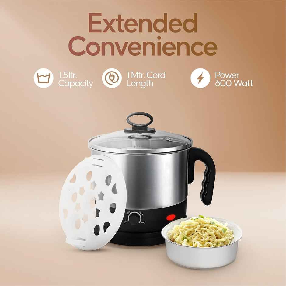 Longway Handy 1.5 Ltr Multi-Cooker Electric Kettle with Stainless Steel Body(Black & Silver,600Watt
