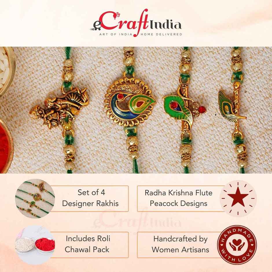 Religious Radha Krishna Playing Flute, Peacock, Peacock Feather Designer Rakhis with Roli Chawal | Set of 4 Rakhi | Ecraftindia