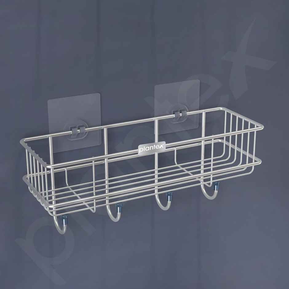 Plantex Stainless Steel Multipurpose Self-Adhesive Bathroom Shelf with Hooks - Chrome Finish