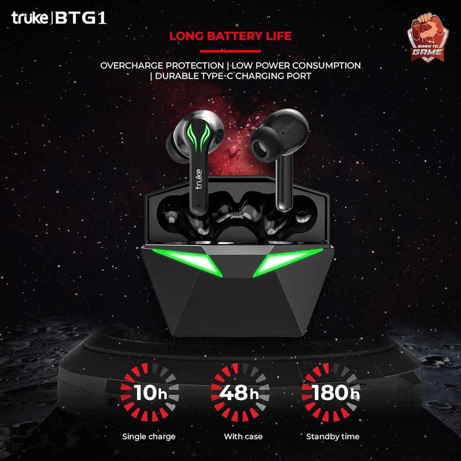 truke BTG1 Truly Wireless Bluetooth Earbuds with Game Mode, 48H Playtime, 13mm Drivers- Black