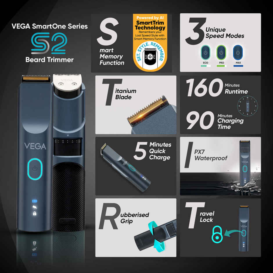 Vega SmartOne S2 Trimmer for Men with 160 mins Runtime, USB Type C, IPX7 Waterproof (VHTH-31)