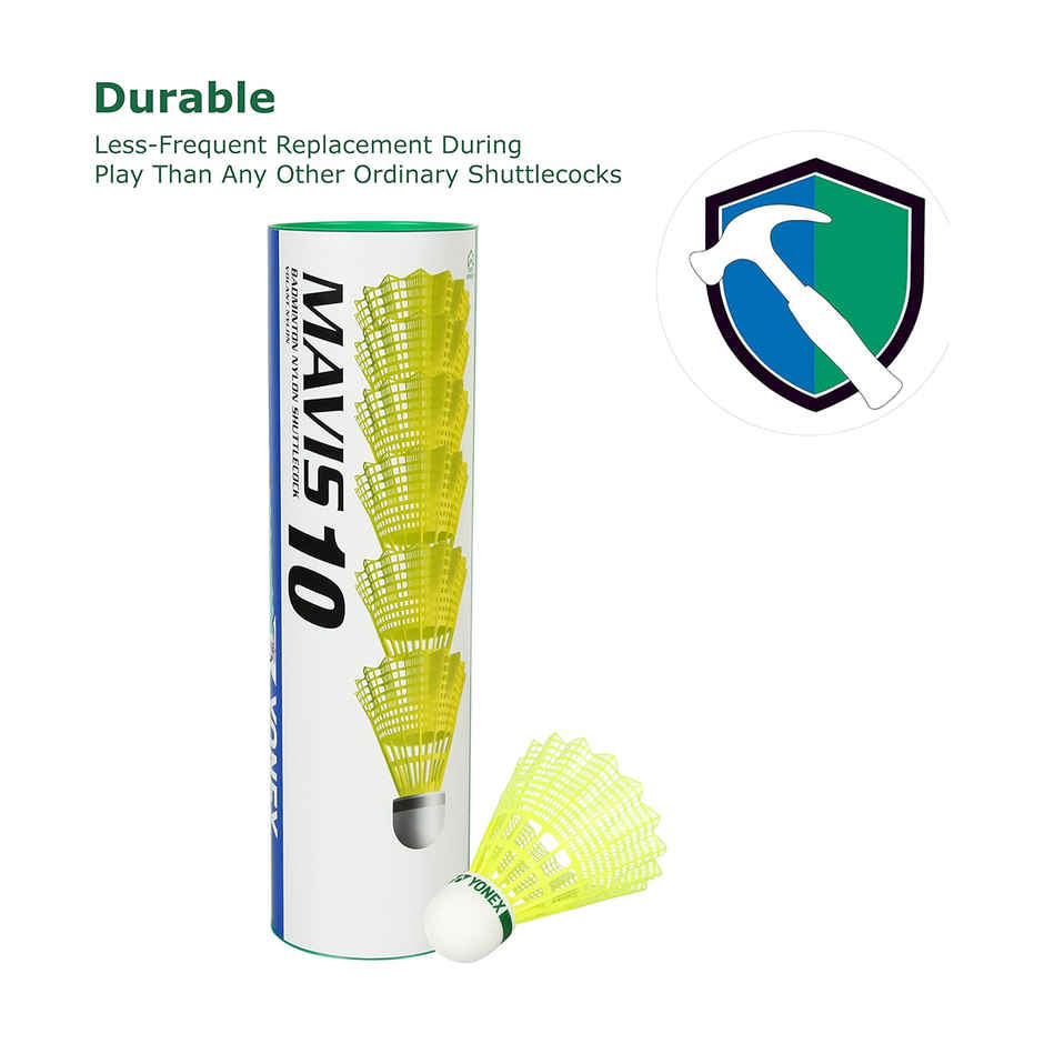 Yonex Mavis 10 Nylon Shuttlecock, Yellow, Pack of 6 (Green Cap)