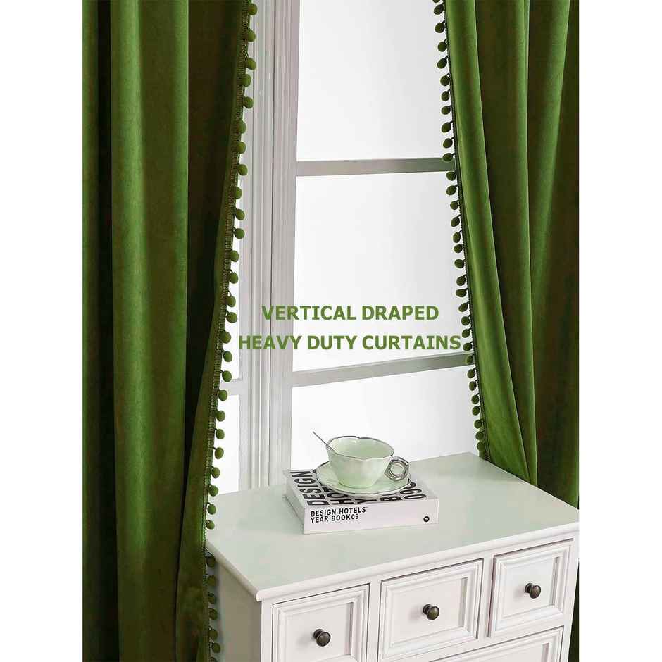 Stitchnest Smooth Textured Green Velvet Semi Sheer Curtains | Door-7 Feet x 4 Feet