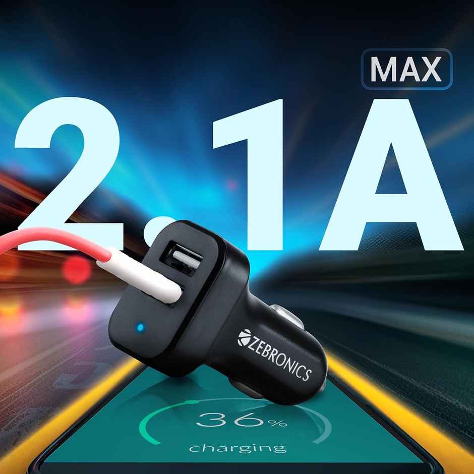 Zebronics Cc242A3 Car Charger, 10.5W, Dual USB Ports, Built in Protections, Included USB (Black)