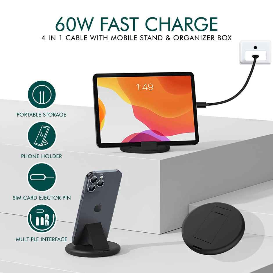 Wayona All In One 60W Usb Fast Charging Travel Cable Type C Lightening Microusb Port Samsung Black