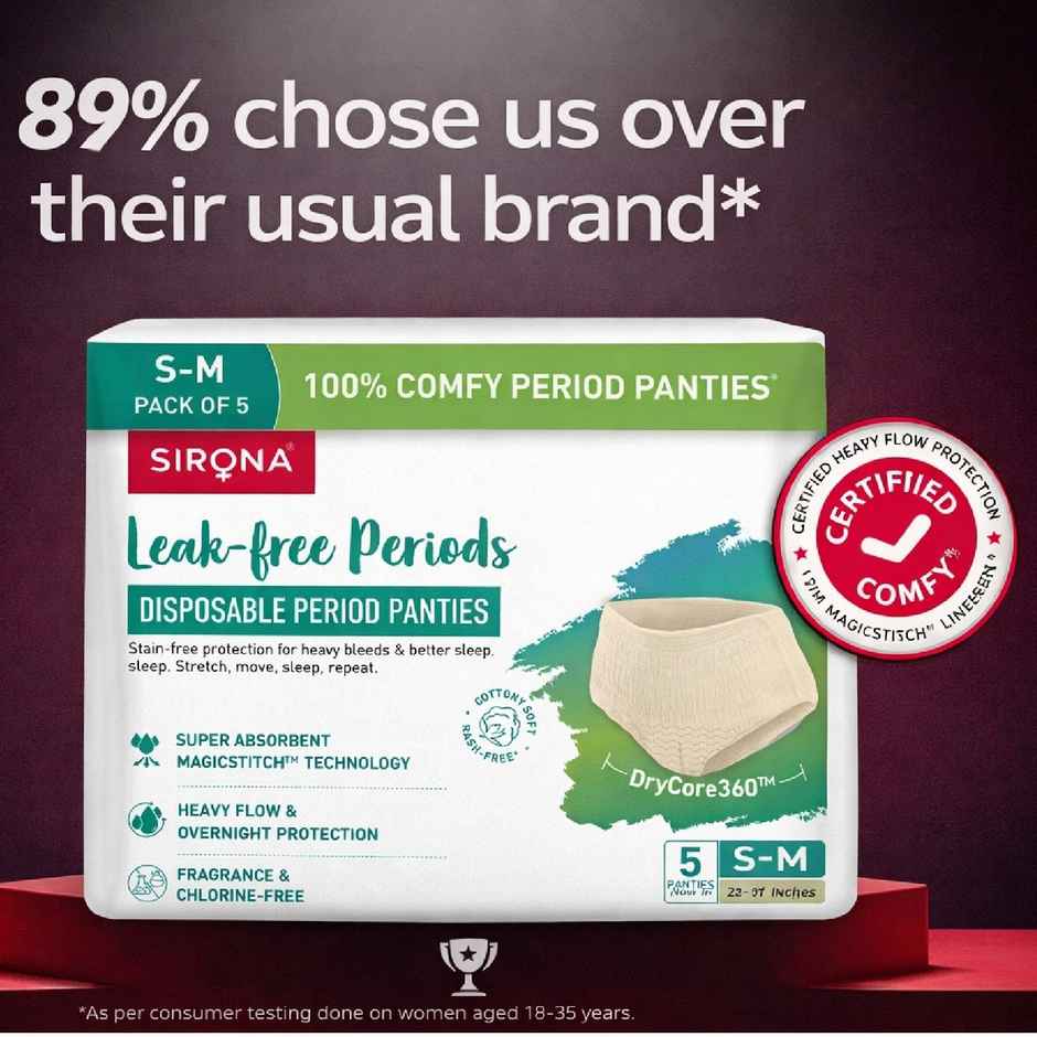 Sirona Disposable Period Panties S-M,  5X More Absorption, 100% Rash Free, Leak-Proof (5pc) & Sirona Herbal Period Pain Relief Patches| Relief From Menstrual Cramps | Cool Patches (5pc) Combo