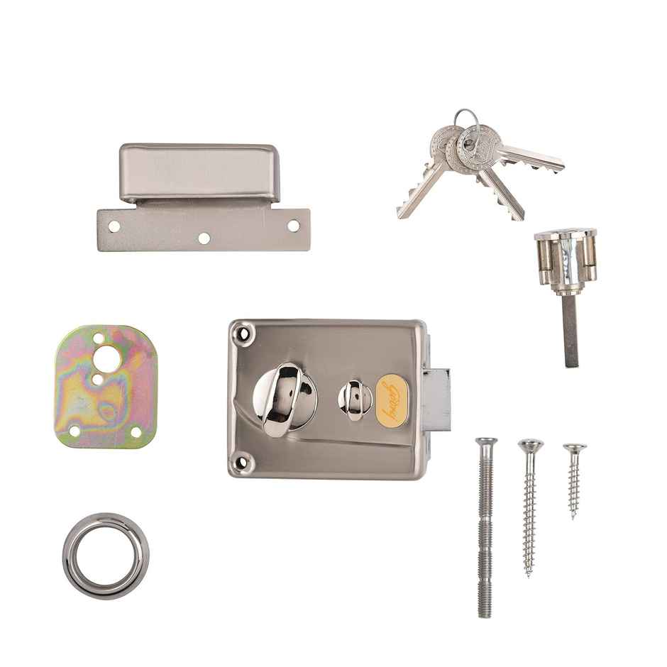 Godrej Rim Lock Night Latch | 1Ck Deadbolt | For Main Door | Outside Opening | Brushed Steel Finish