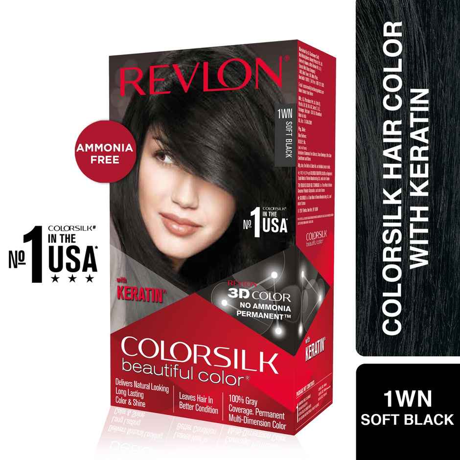 Revlon ColorSilk Hair Color with Keratin - 1WN Soft Black - (with Outrageous Shampoo 90 ml)
