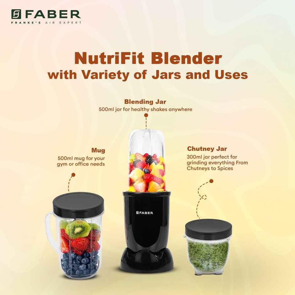 Faber Sportz Blender 3-in-1 Nutrifit Nero | 400W | Detachable SS Blade |3 PC Jar 500ML+300ML+500ML Mug