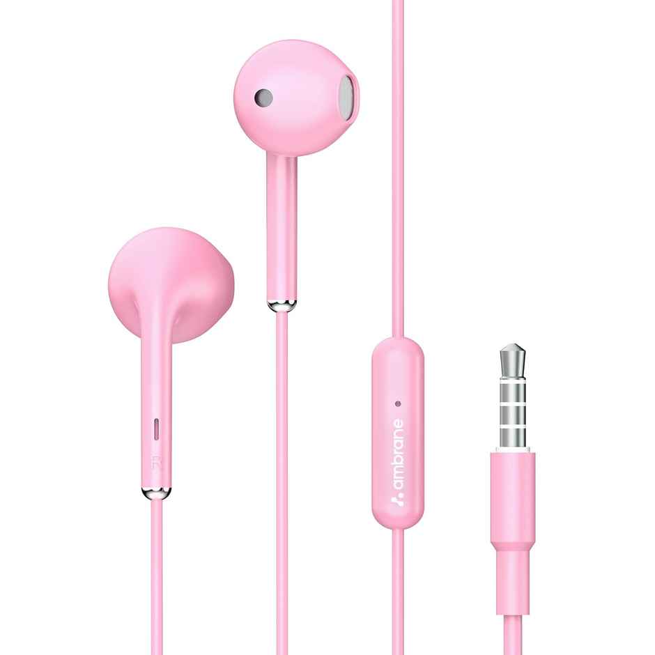 Ambrane Stringz 38 Lite Wired Headphones in Ear Earphones with in-Line Mic for Clear Calling, 14Mm Dynamic Drivers for Boostedbass, 3.5Mm Jack, Multi-Functional Controller - Pink