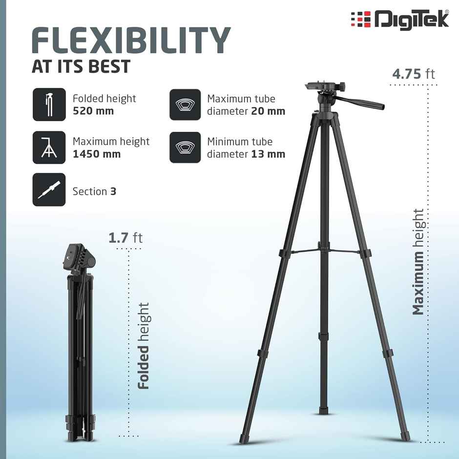 Digitek Dtr 480Lw 57 Inch Portable Aluminium Alloy Tripod With Smartphone Holder & 360 Degree Head