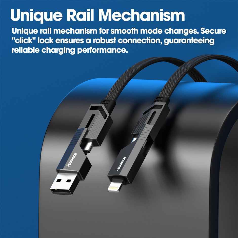 Sounce 4-in-1 Black 66W Metal Flat Braided Fast Charging Cable | 1.5 m, (Black)