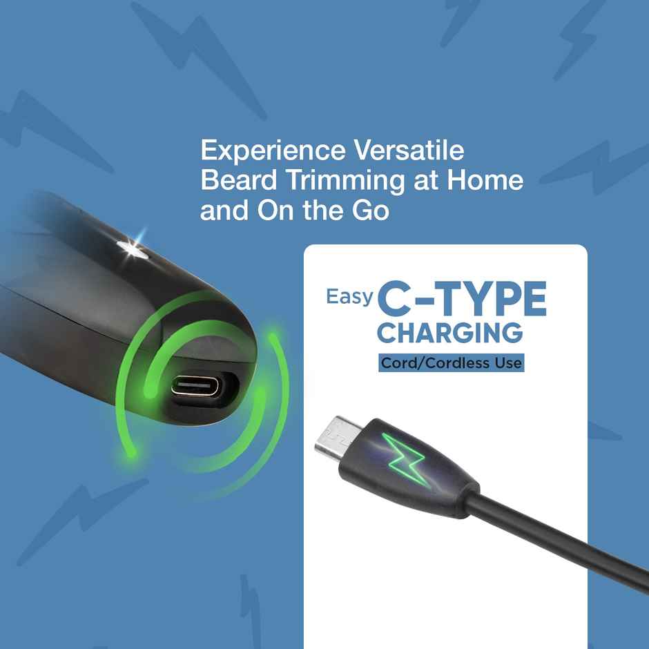 Vega Power Lite Beard Trimmer for Men with 90 mins Runtime, 2 Comb Attachment, USB Type C (VHTH-38)