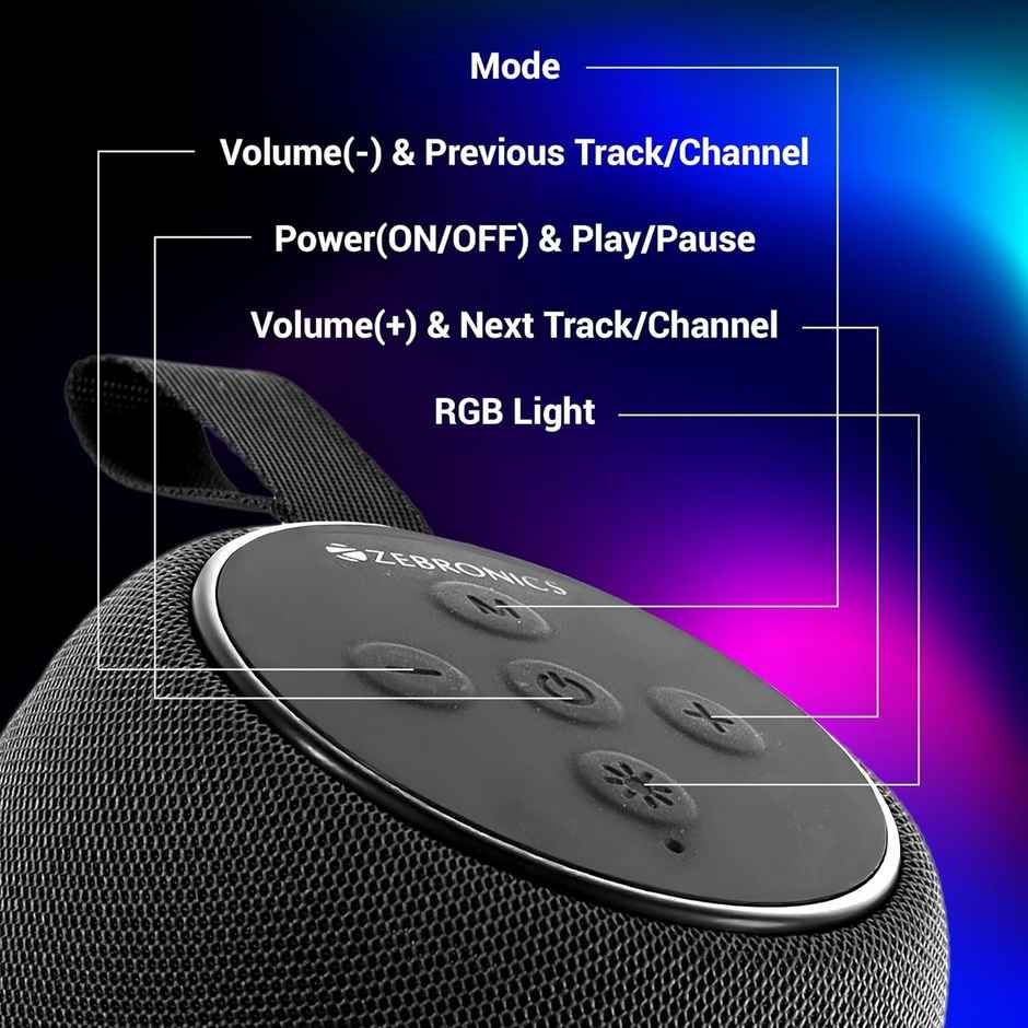 Zebronics Sonic Pod 20 10W Bt Speaker, 15 Hr Playback, Rgb Led, Tws, Usb/Msd/Aux, Black