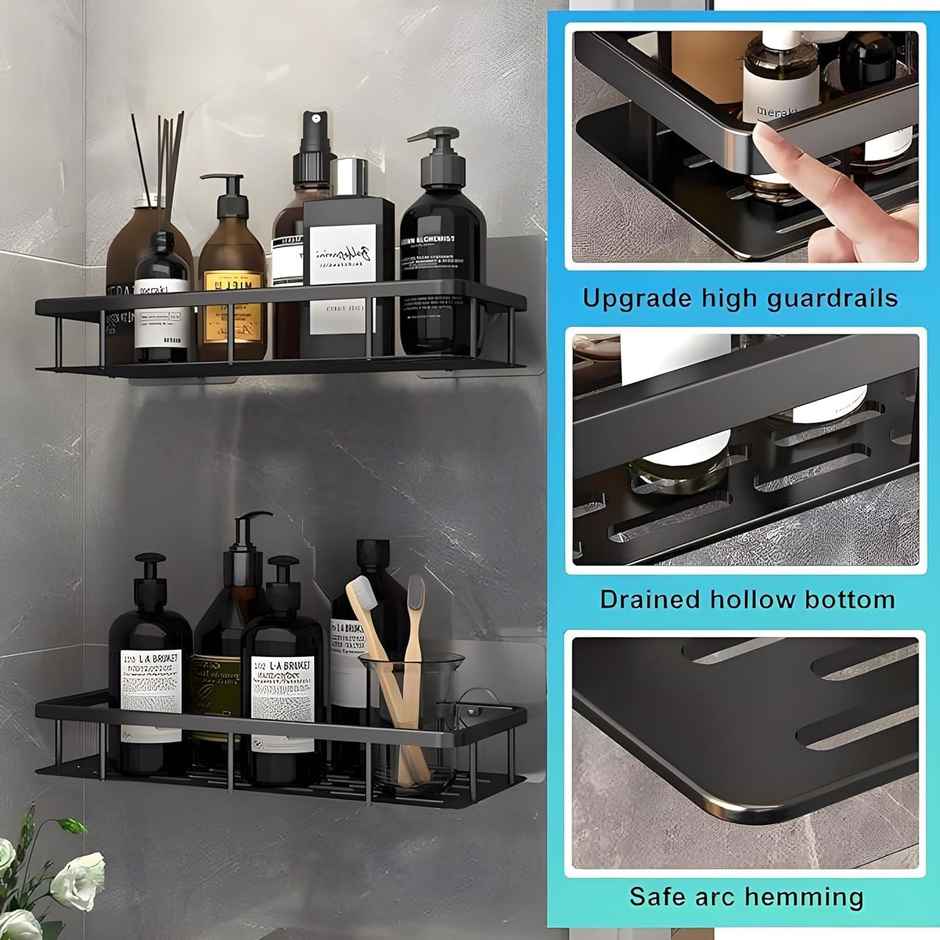 Perpetual Adhesive Aluminium Bathroom Shelf | Wall Rack for Kitchen/Bath | 2 Pcs | Black