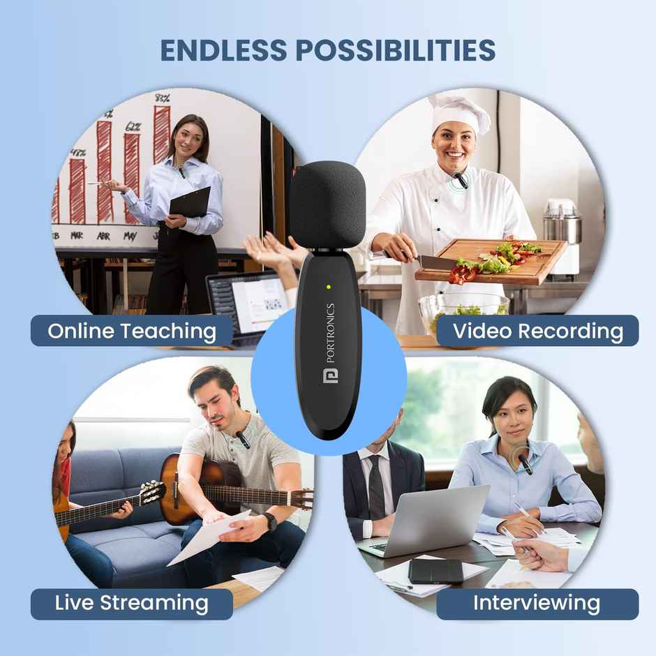 Portronics Dash 7 Omnidirectional 8 pin Wireless Microphone, Noise Cancellation, Plug & Play (Black)