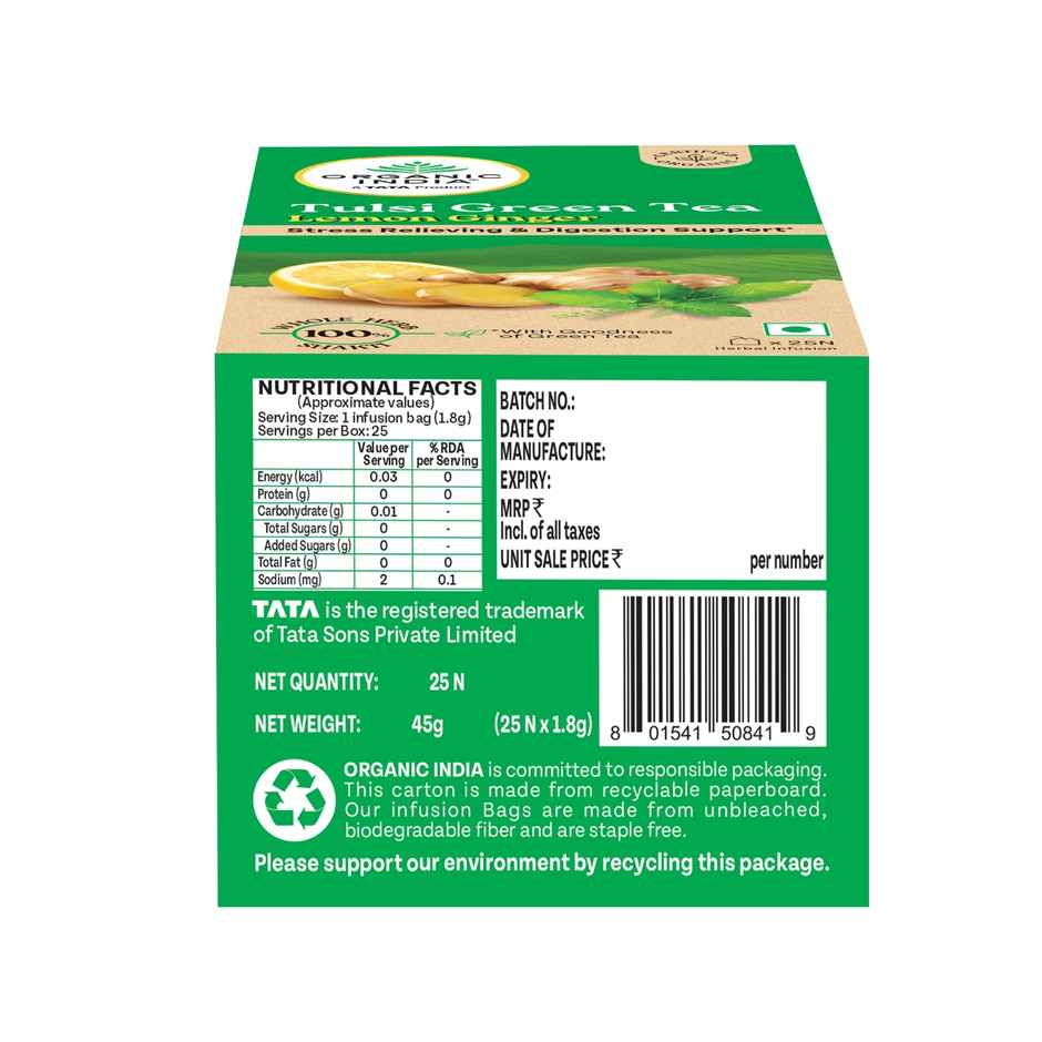 Organic India Tulsi Green Tea Lemon Ginger - 25 Tea Bags, Supports Digestion