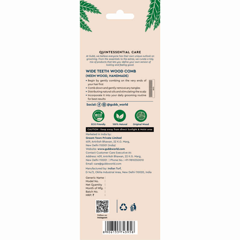 GUBB Wide Teeth Neem Wood Comb