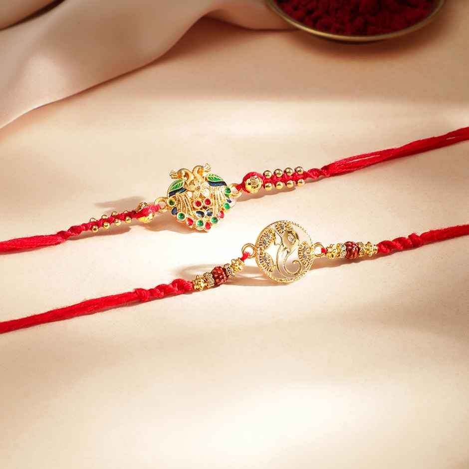 Rubans Ganesha and Peacock Motif Rakhi - Gold Tone