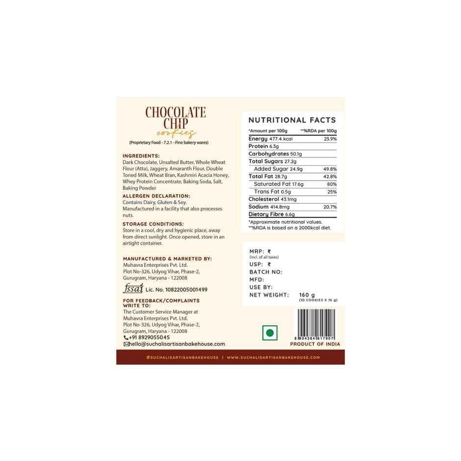 Suchali's Artisan Bakehouse Chocolate Chip Cookies | Pack Of 10
