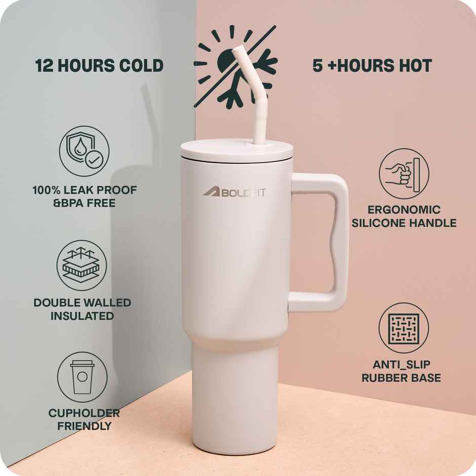 Boldfit Tumbler Bottle with Lid and Straw | Stainless Steel | Double Insulated | 1200 ml - Sand