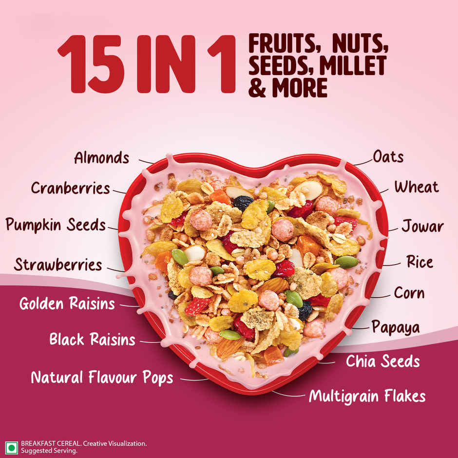 Saffola Muesli Berry Crunch with Flavour Pops | 15 in 1 Fruit and Nuts, Seeds | Millet & more