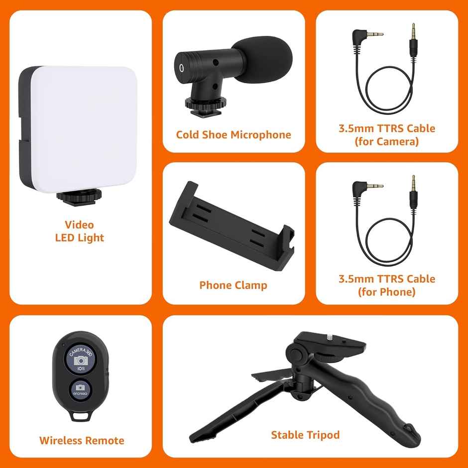 Hashwow 6-In-1Vlogging Kit With Tripod,Led Video Light,Cardioid Microphone,Bluetooth Remote & Cable ( Tripod: 16.9 x 7.9 x 3.4 cm Phone Clip: 5.98 - 9.3 cm TRS Cable - 3.5 mm )