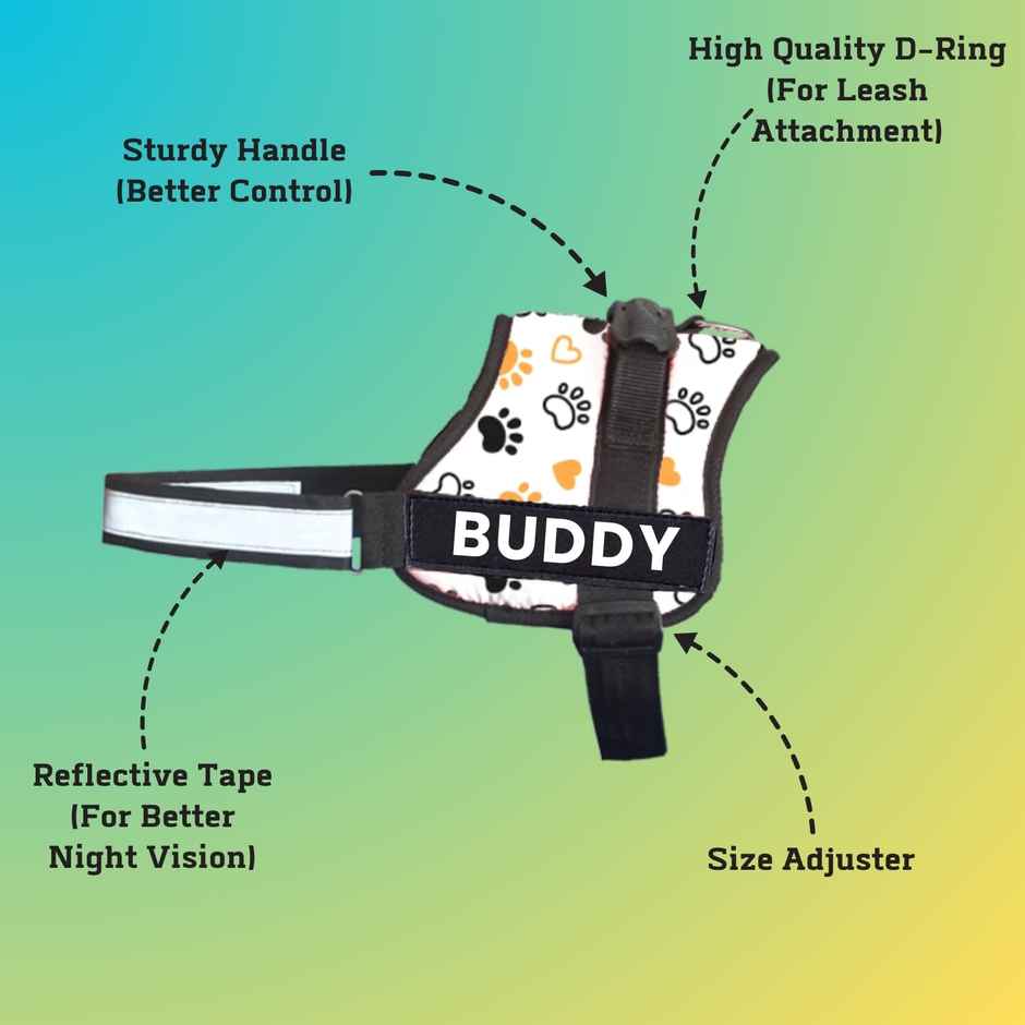 Payton Perry Dog Harness | Choke-Free | Adjustable Neck & Chest | For 24-35 kg Pet | White Paw - L