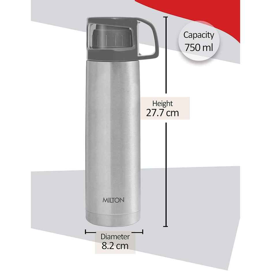 Milton Glassy 750 Thermosteel 24 Hours Hot And Cold Water Bottle With Drinking Cup Lid 750 ml, Grey