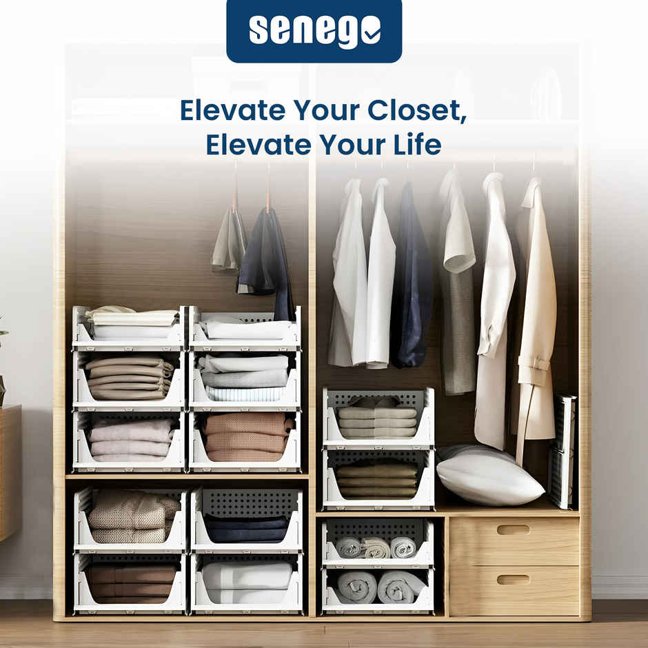 Senego Folding Wardrobe Clothes Organizer - Pack of 4, Stackable (White)