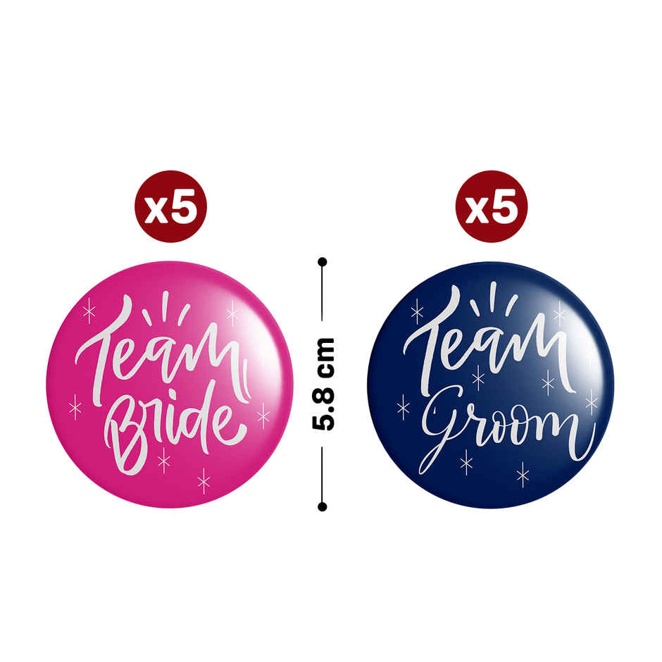 Team Groom and Team Bride Wedding Badge Combo | Pink and Blue | Pack of 10 | Party Propz