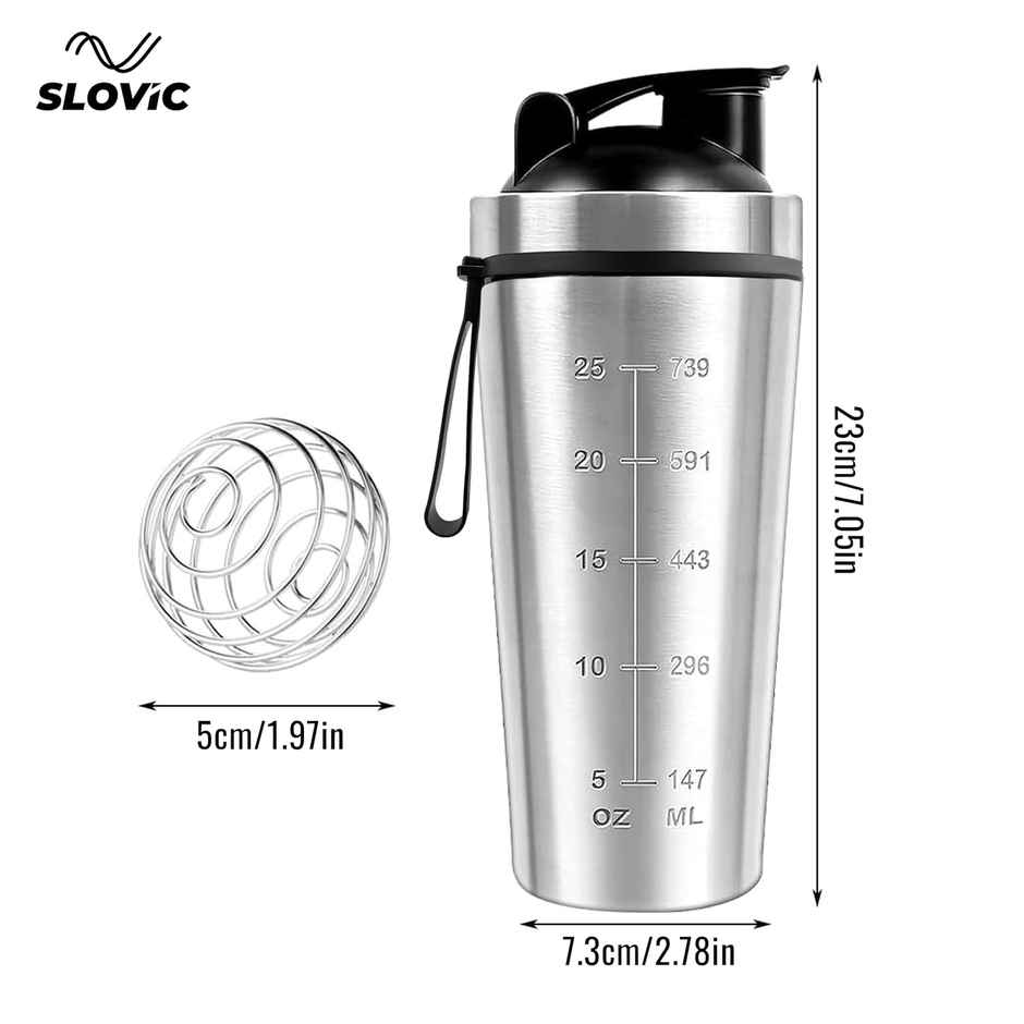 Slovic 750ml Stainless Steel Shaker Bottle for Gym with Leakproof Lid & Blender Ball | 100% BPA Free