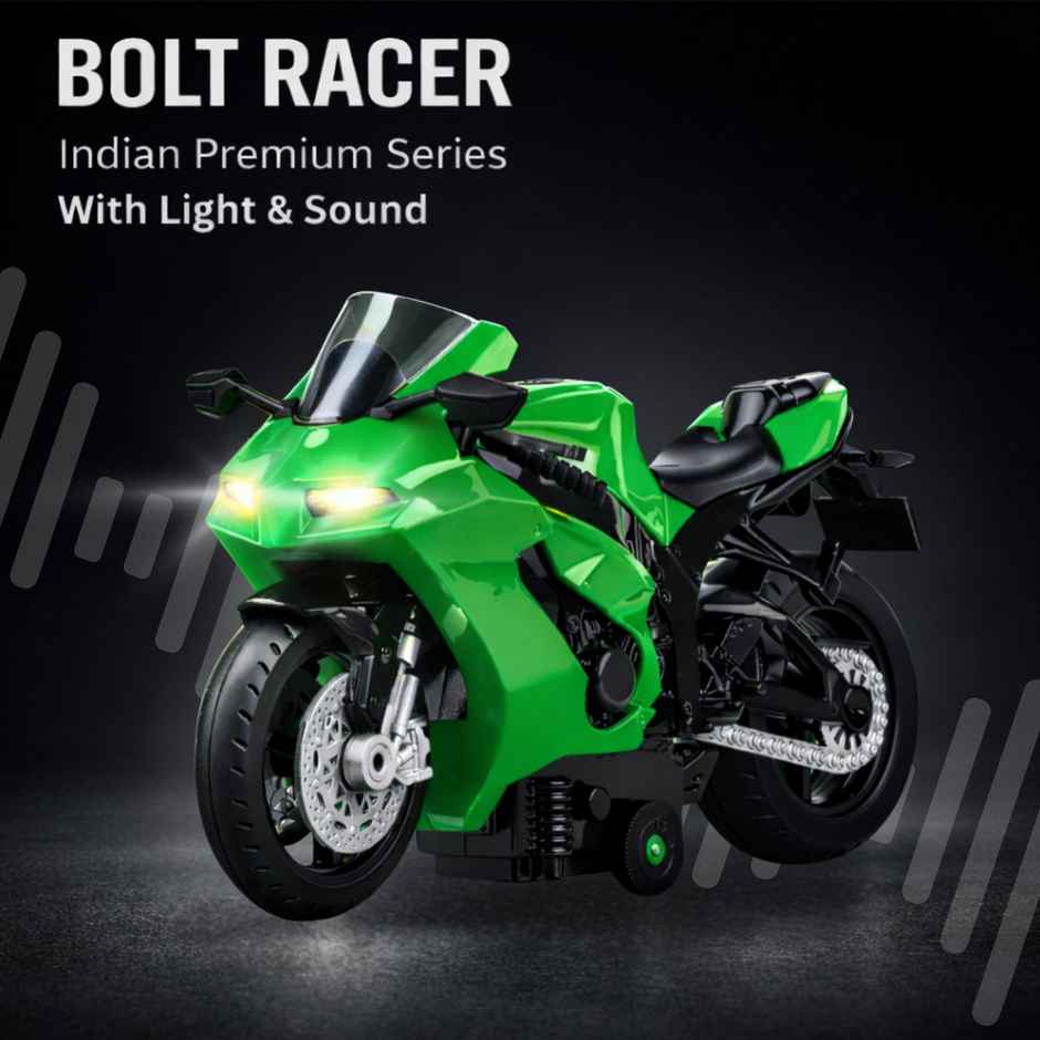 Race n Roll Light & Sound Bolt Racer Bike Toy Pull back Action Green