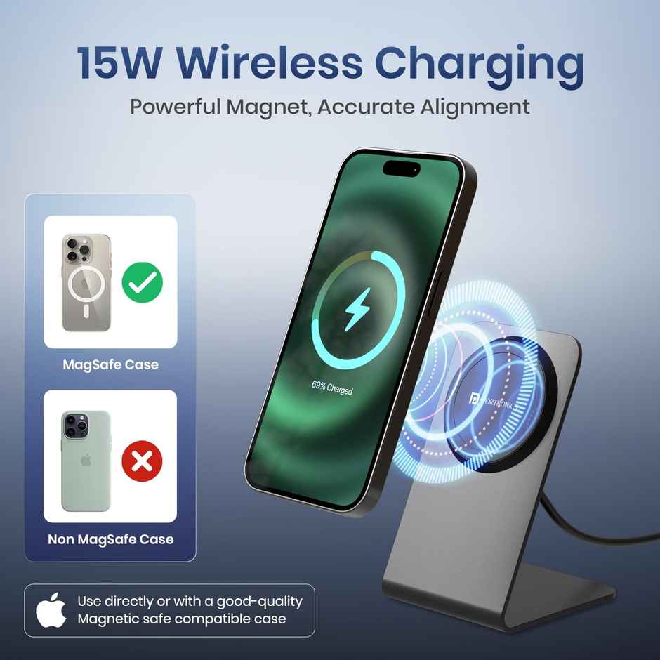 Portronics Flux 2 15W Qi2 Certified Fast Charging Wireless Charger, MagSafe Compatible | Black